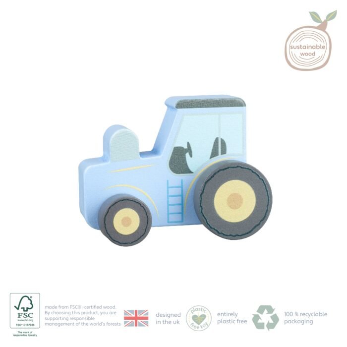 Jucarie de impins Tractor albastru din lemn, Orange Tree Toys - imagine 2